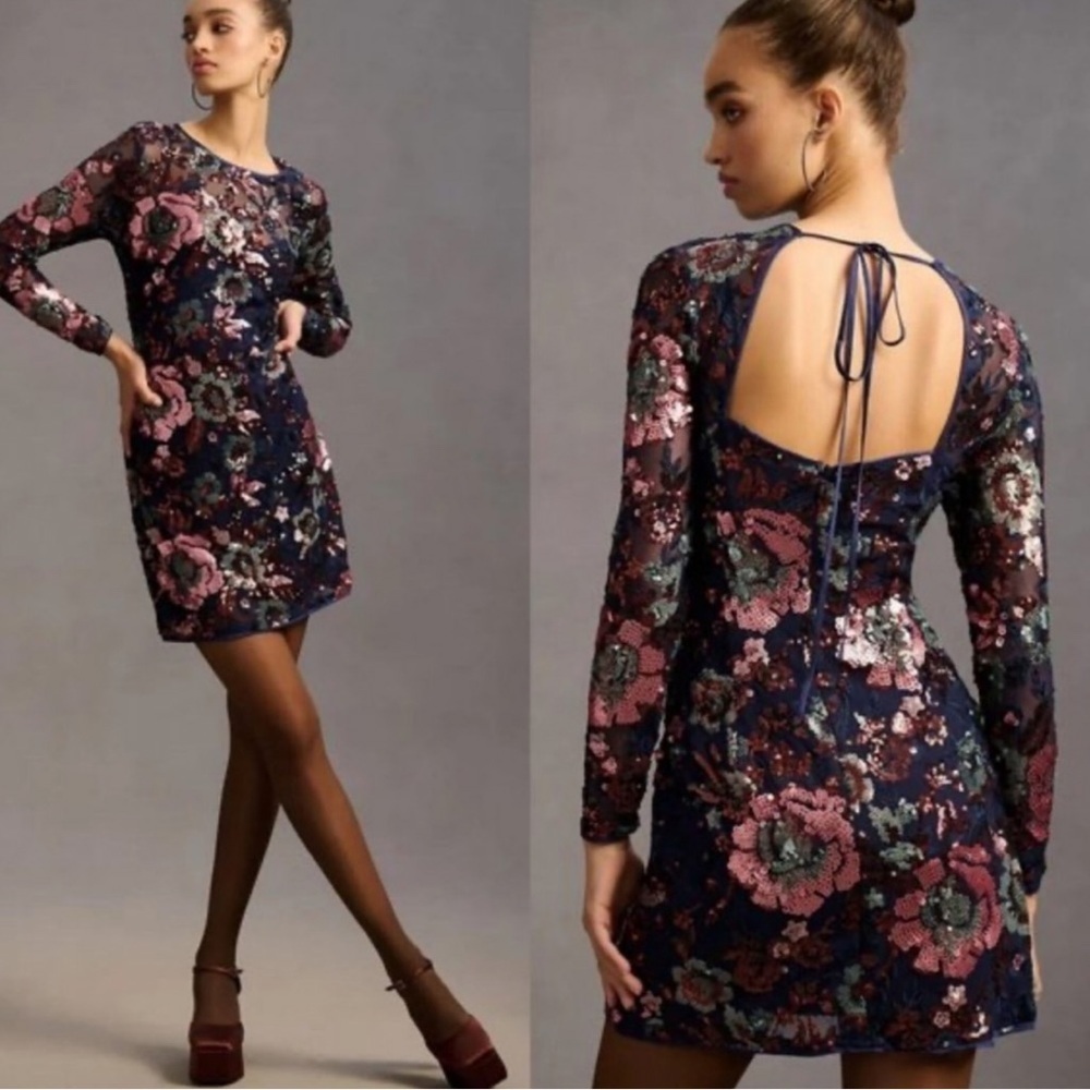 Anthropologie Navy Floral Sequin Mini Dress with Pink & Green Accents